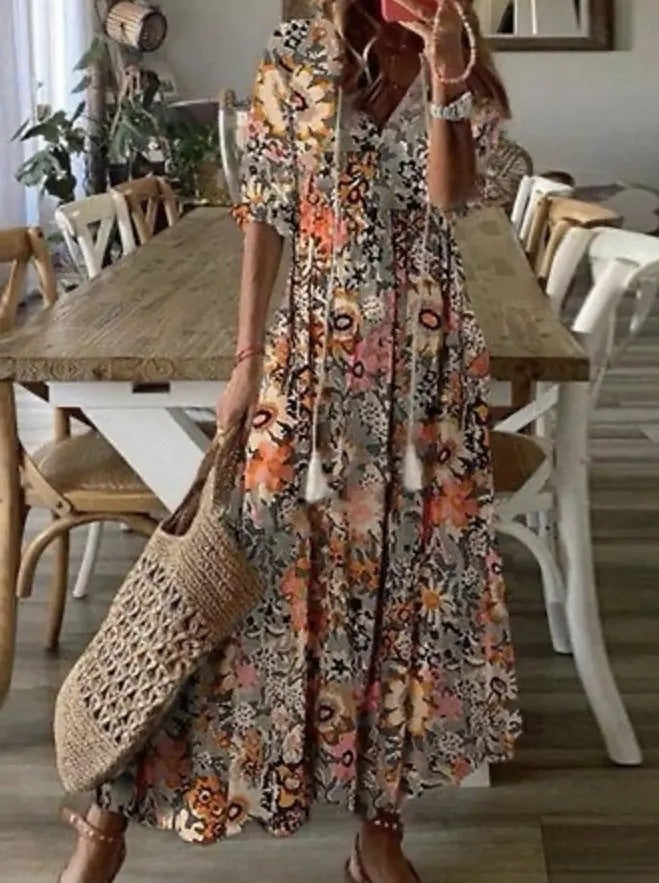 Casual and Sweet LooseVCollar Printed Tassel Mid-Sleeve Long Dress Women