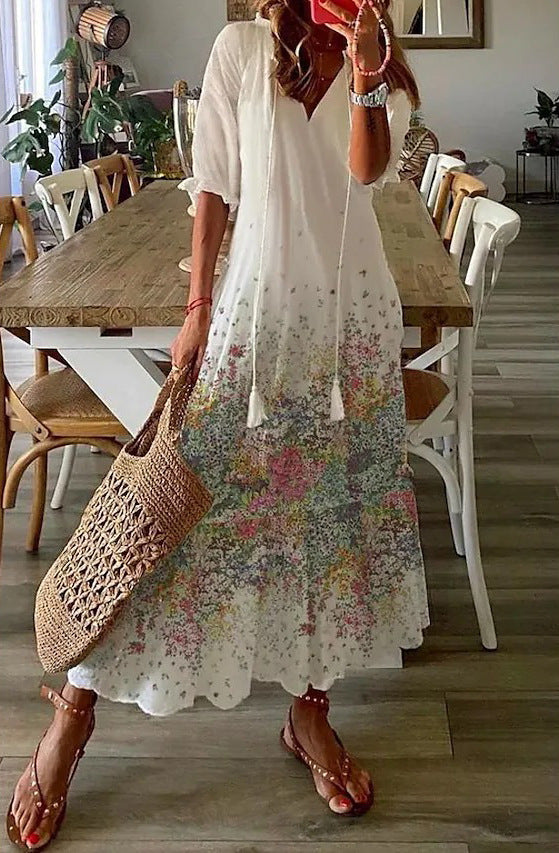 Casual and Sweet LooseVCollar Printed Tassel Mid-Sleeve Long Dress Women