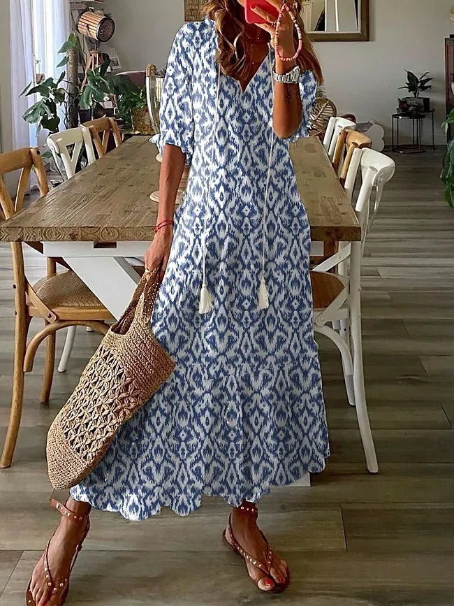 Casual and Sweet LooseVCollar Printed Tassel Mid-Sleeve Long Dress Women