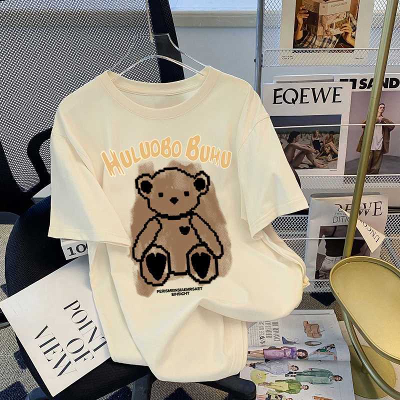 Cotton Short SleeveTT-shirt Women's Summer Korean Style Loose Bear Retro Slim-Looking Half-Sleeved Top Fashion