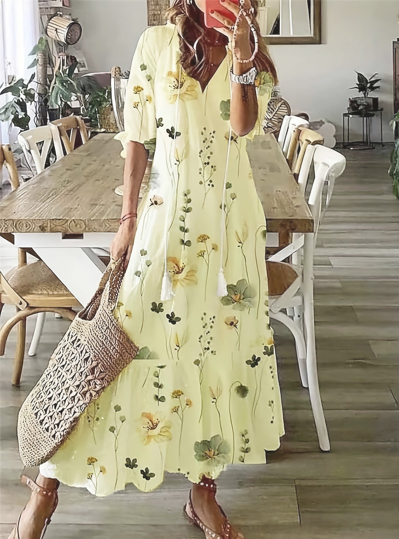 Casual and Sweet LooseVCollar Printed Tassel Mid-Sleeve Long Dress Women