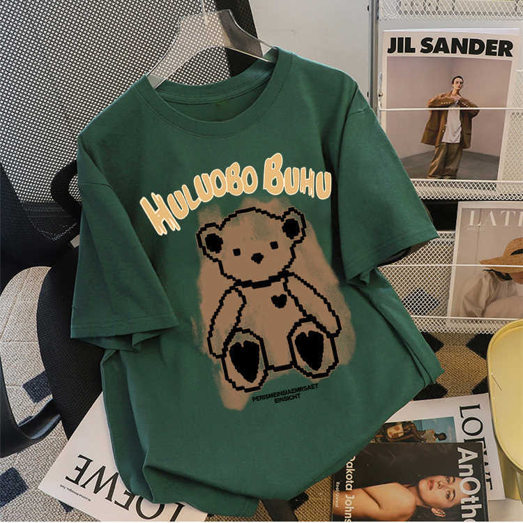 Cotton Short SleeveTT-shirt Women's Summer Korean Style Loose Bear Retro Slim-Looking Half-Sleeved Top Fashion