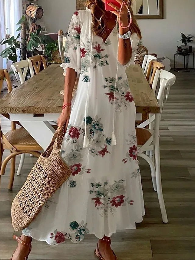 Casual and Sweet LooseVCollar Printed Tassel Mid-Sleeve Long Dress Women