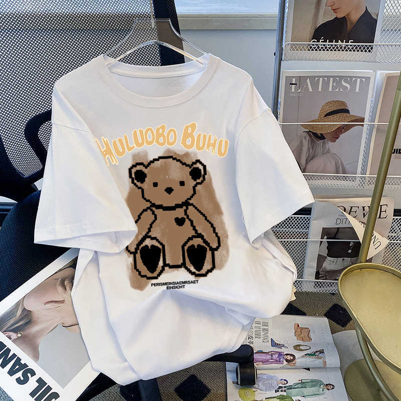 Cotton Short SleeveTT-shirt Women's Summer Korean Style Loose Bear Retro Slim-Looking Half-Sleeved Top Fashion