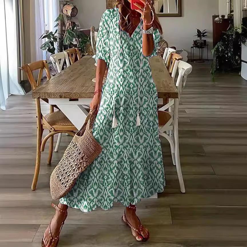 Casual and Sweet LooseVCollar Printed Tassel Mid-Sleeve Long Dress Women