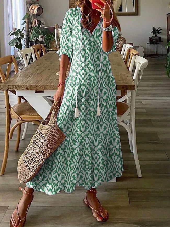 Casual and Sweet LooseVCollar Printed Tassel Mid-Sleeve Long Dress Women