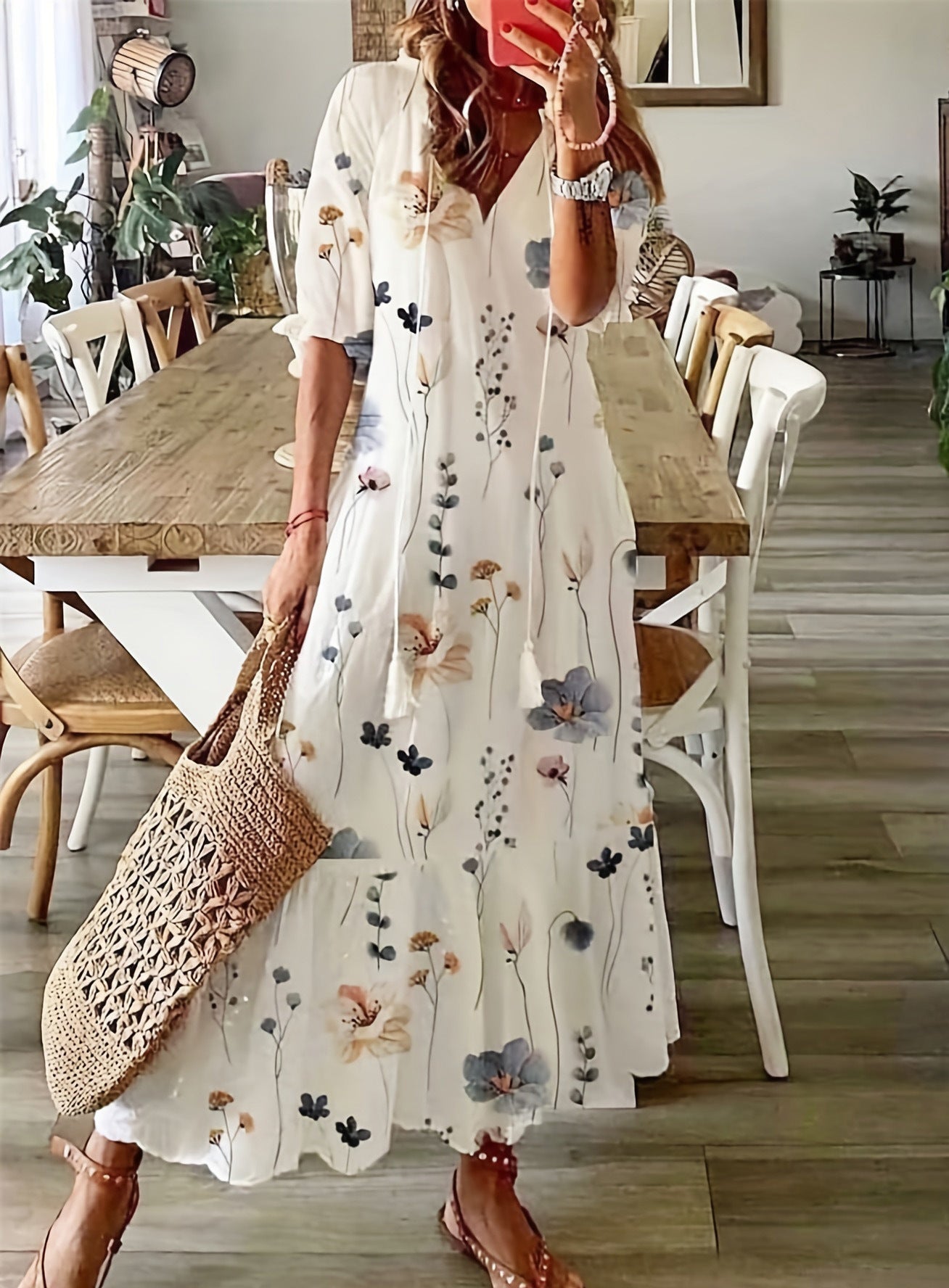 Casual and Sweet LooseVCollar Printed Tassel Mid-Sleeve Long Dress Women