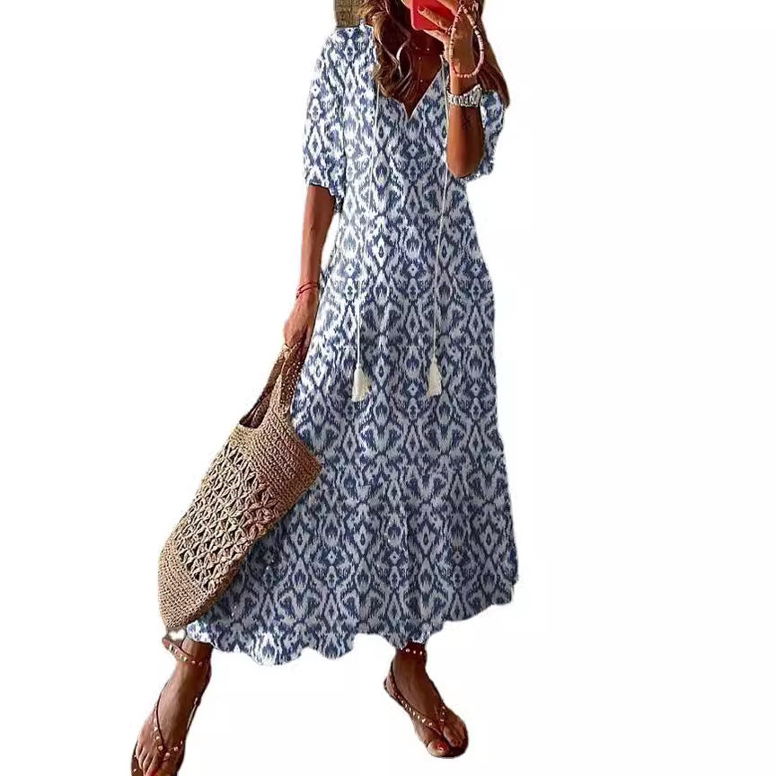 Casual and Sweet LooseVCollar Printed Tassel Mid-Sleeve Long Dress Women
