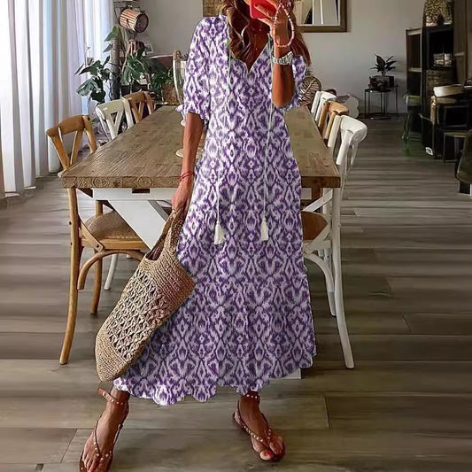Casual and Sweet LooseVCollar Printed Tassel Mid-Sleeve Long Dress Women