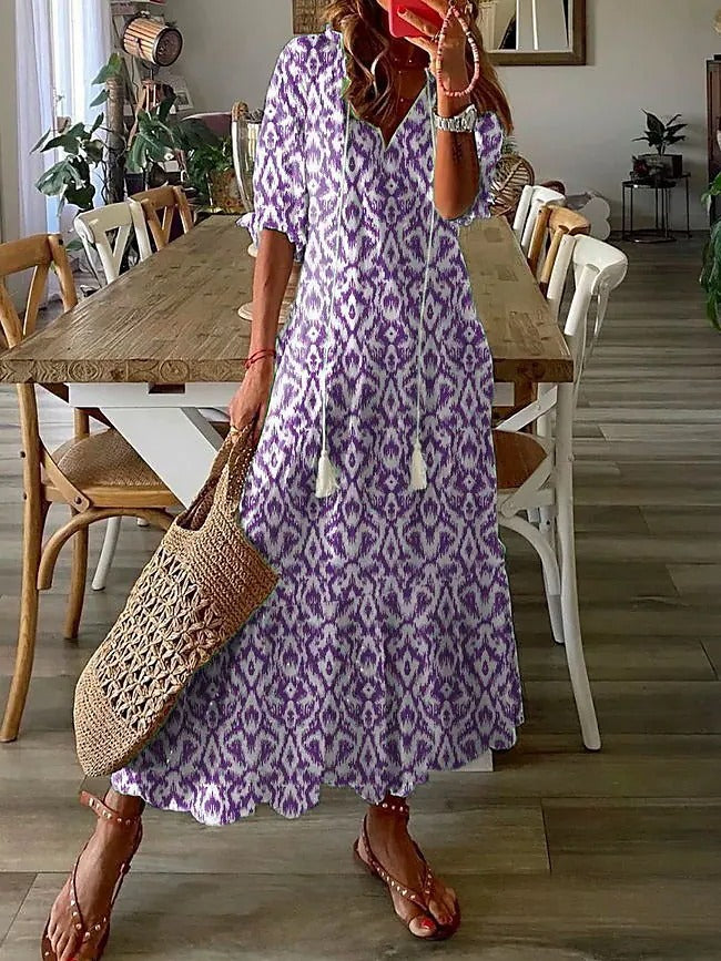 Casual and Sweet LooseVCollar Printed Tassel Mid-Sleeve Long Dress Women