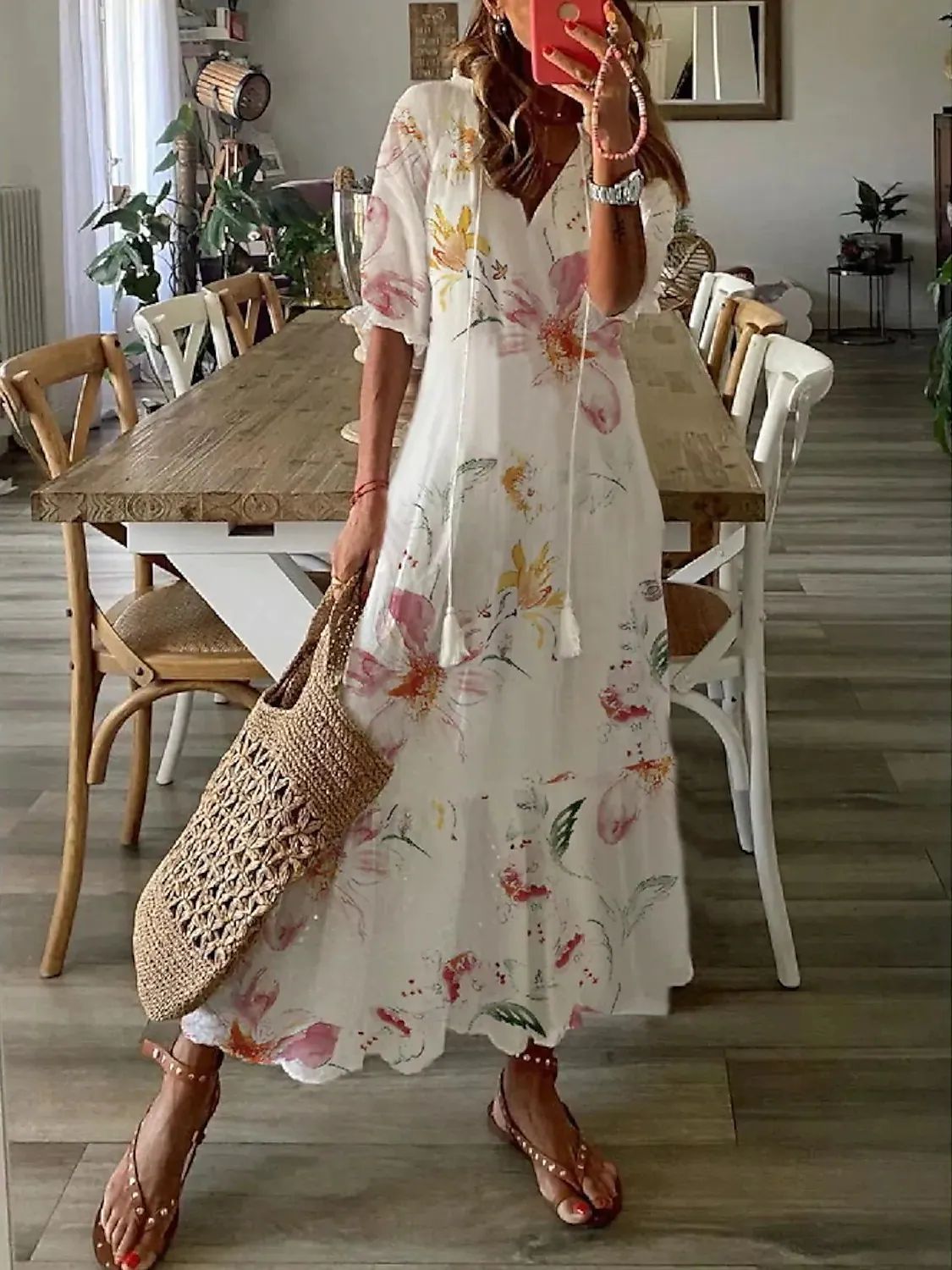 Casual and Sweet LooseVCollar Printed Tassel Mid-Sleeve Long Dress Women