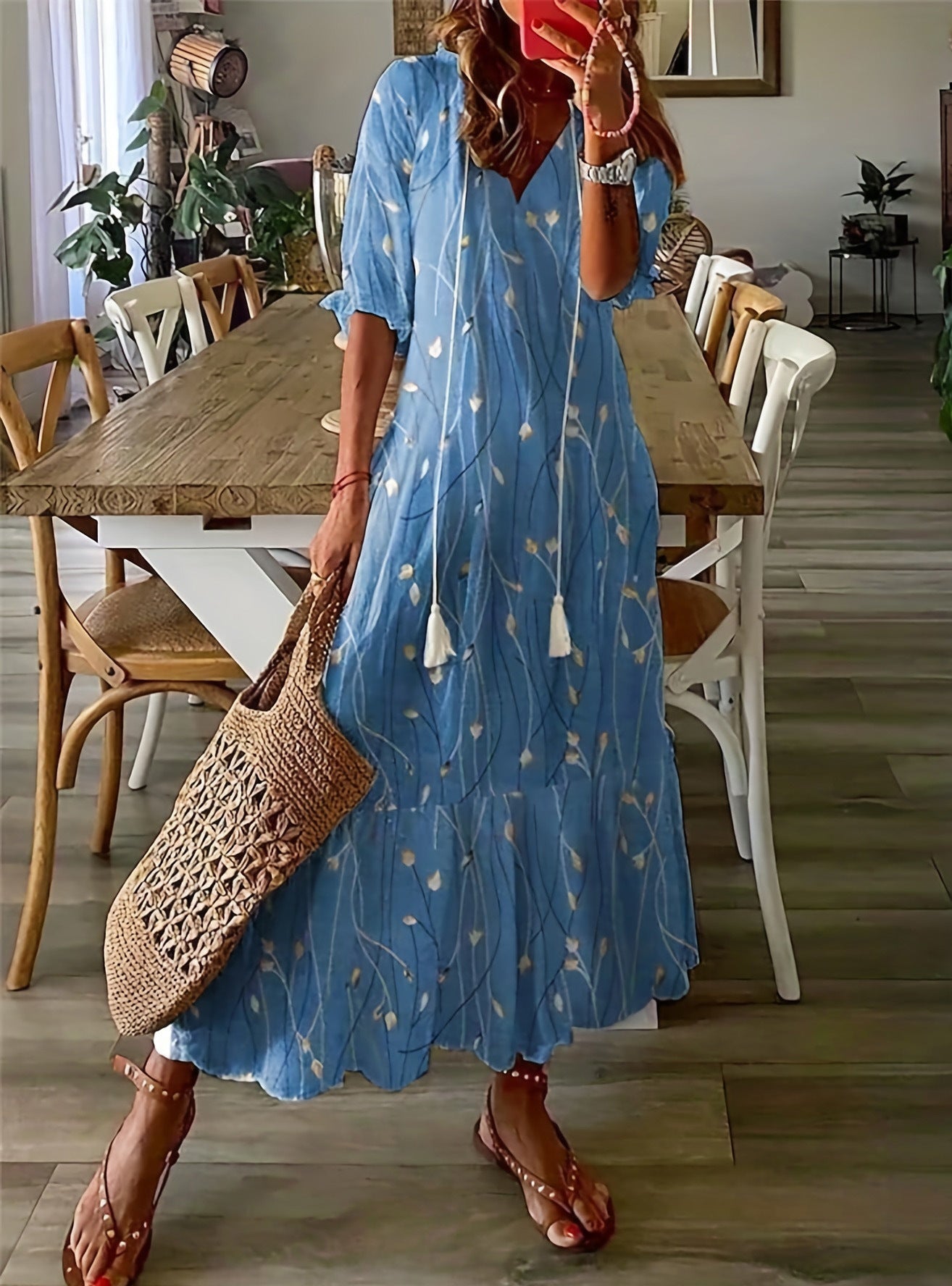 Casual and Sweet LooseVCollar Printed Tassel Mid-Sleeve Long Dress Women
