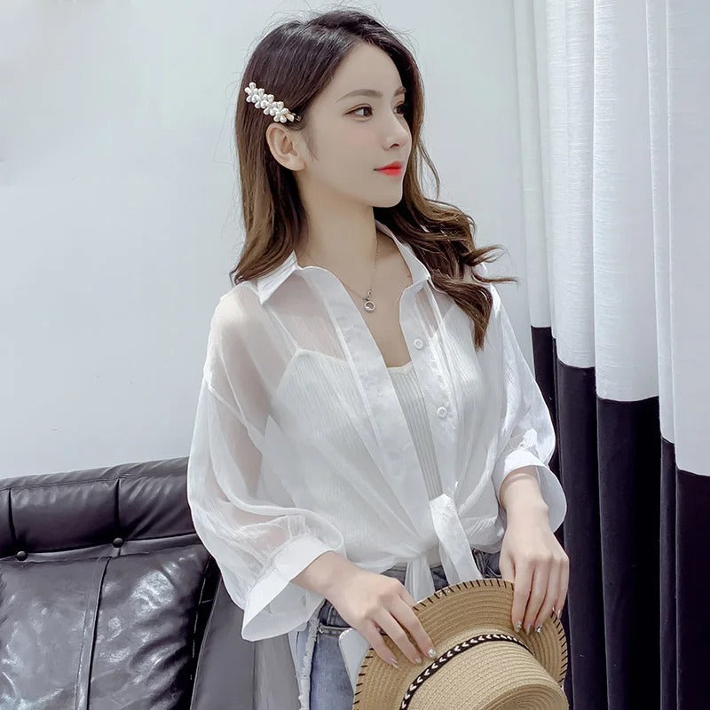 Elegant Solid Color Tied Waist Blouse Women Casual Loose Hollow White clothes Summer Bat Half Sleeve Button Chiffon Shirt 9776