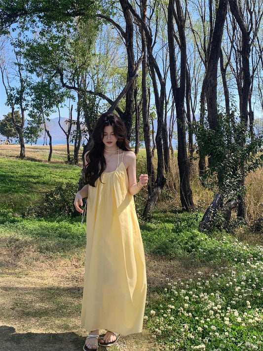 French Style Yellow Gallus Dress Women's Clothing Summer Seaside Vacation Style Wear Dress LooseALine Skirt Long Skirt
