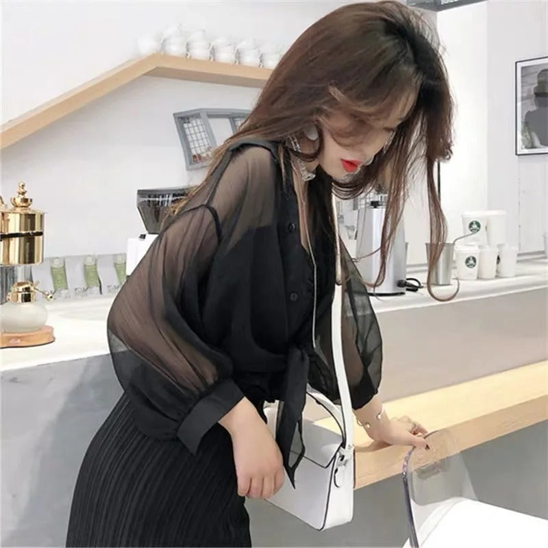 Elegant Solid Color Tied Waist Blouse Women Casual Loose Hollow White clothes Summer Bat Half Sleeve Button Chiffon Shirt 9776