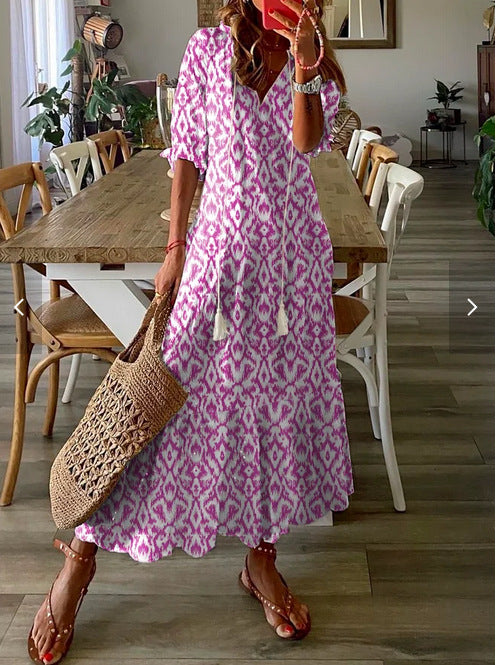Casual and Sweet LooseVCollar Printed Tassel Mid-Sleeve Long Dress Women