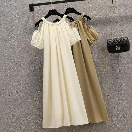 Korean Style Loose Cold-Shoulder Elegant Summer Dress Women's Clothing FatMMFrench Sweet Midi Skirt