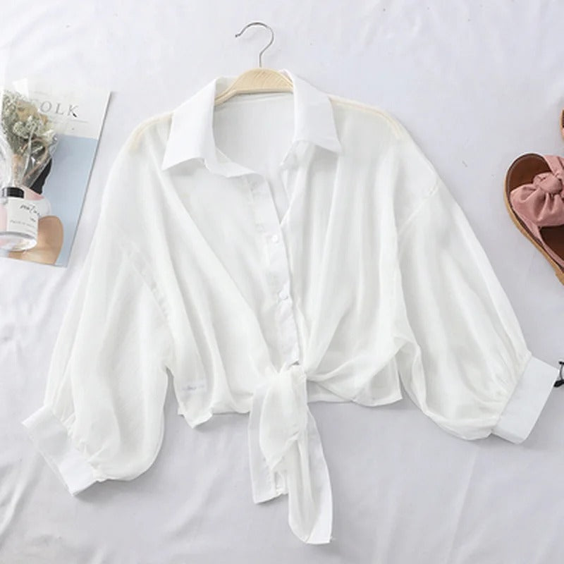 Elegant Solid Color Tied Waist Blouse Women Casual Loose Hollow White clothes Summer Bat Half Sleeve Button Chiffon Shirt 9776
