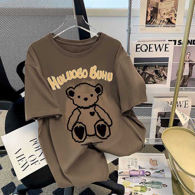 Cotton Short SleeveTT-shirt Women's Summer Korean Style Loose Bear Retro Slim-Looking Half-Sleeved Top Fashion