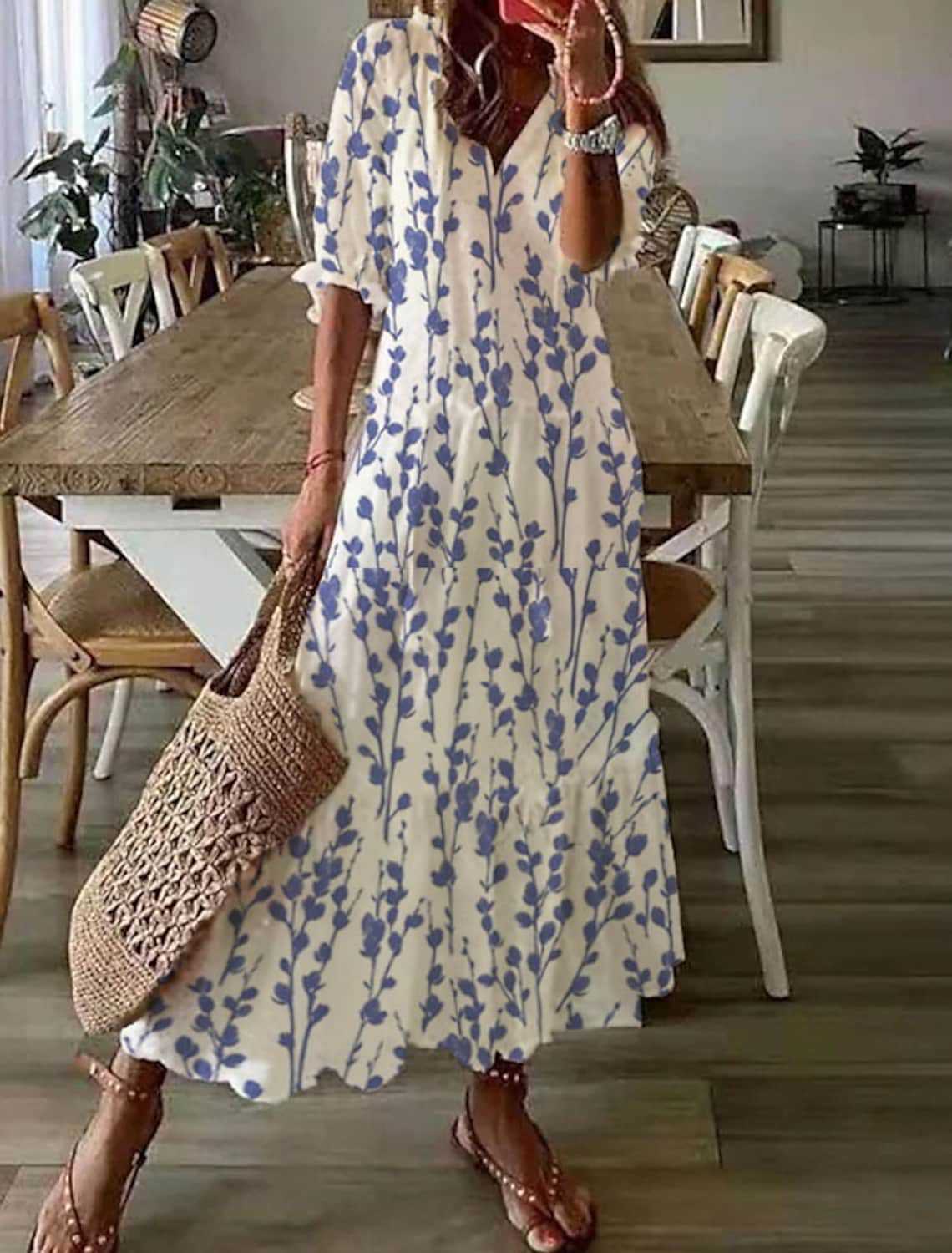 Casual and Sweet LooseVCollar Printed Tassel Mid-Sleeve Long Dress Women