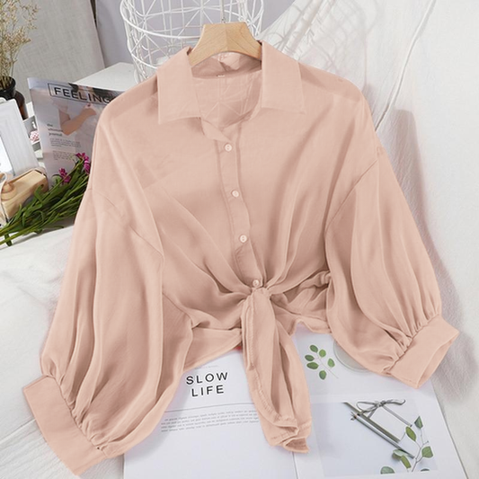 Elegant Solid Color Tied Waist Blouse Women Casual Loose Hollow White clothes Summer Bat Half Sleeve Button Chiffon Shirt 9776