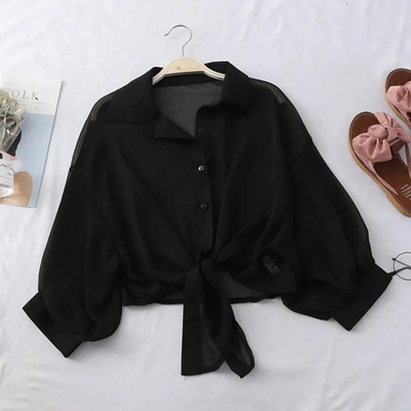 Elegant Solid Color Tied Waist Blouse Women Casual Loose Hollow White clothes Summer Bat Half Sleeve Button Chiffon Shirt 9776