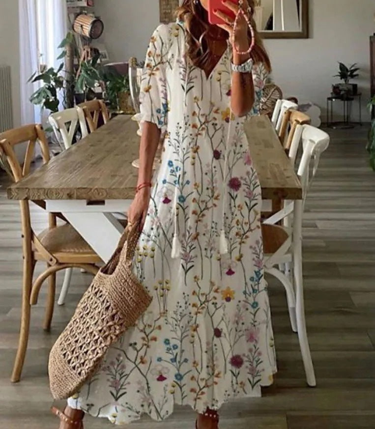 Casual and Sweet LooseVCollar Printed Tassel Mid-Sleeve Long Dress Women
