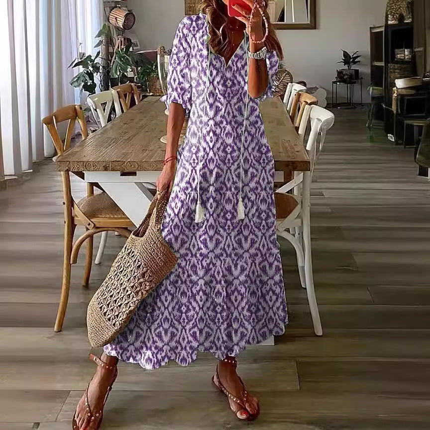 Casual and Sweet LooseVCollar Printed Tassel Mid-Sleeve Long Dress Women