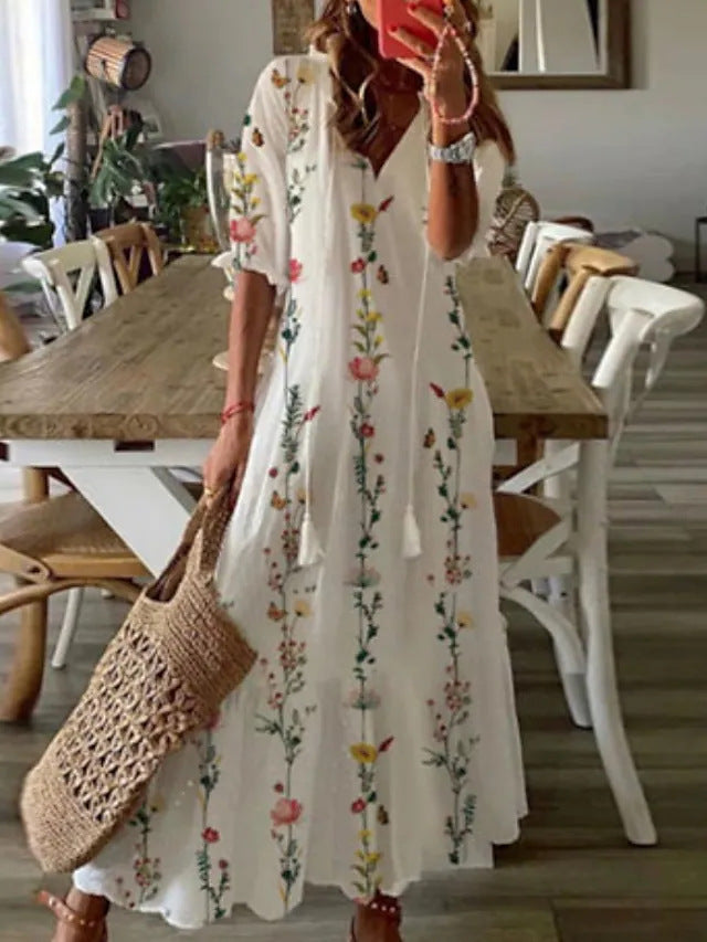 Casual and Sweet LooseVCollar Printed Tassel Mid-Sleeve Long Dress Women