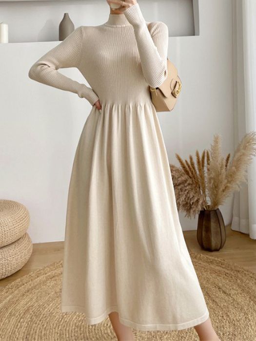 Half Turtleneck Mid-Length Elegant Style Woolen Skirt Autumn and Winter Korean Style Long Sleeve Base Knitting Dress Women