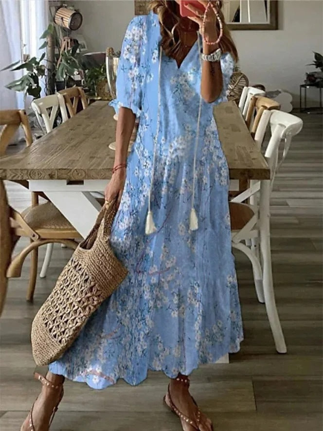 Casual and Sweet LooseVCollar Printed Tassel Mid-Sleeve Long Dress Women