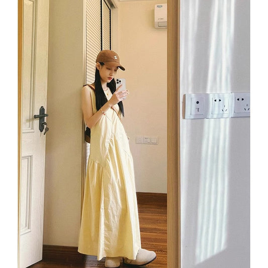 French Style Gentle Light Yellow Sleeveless Vest Dress Women's Summer Dopamine Sweet VacationaLong Skirt