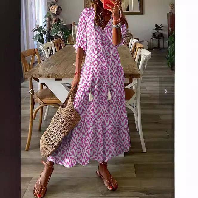 Casual and Sweet LooseVCollar Printed Tassel Mid-Sleeve Long Dress Women
