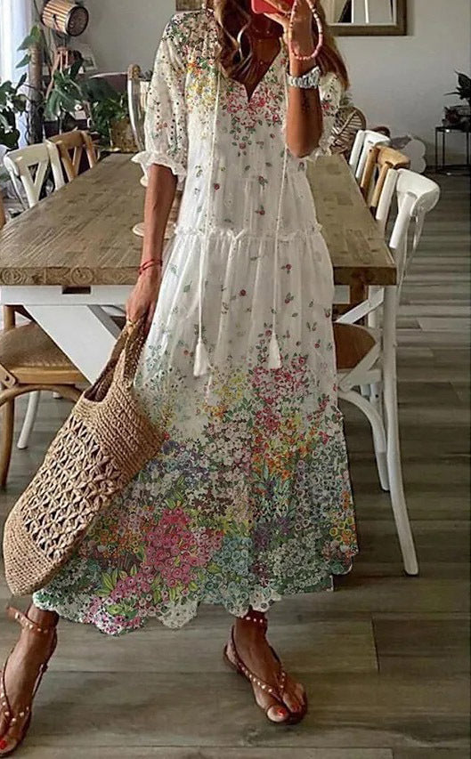 Casual and Sweet LooseVCollar Printed Tassel Mid-Sleeve Long Dress Women